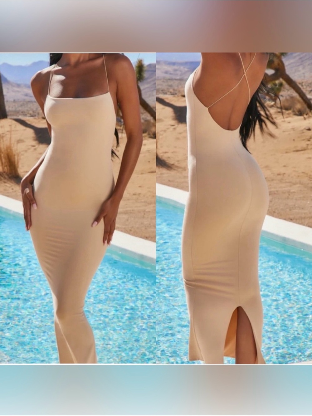 Oh Polly Beige Bodycon Low Back Criss Cross Midi Dress US 6 Small